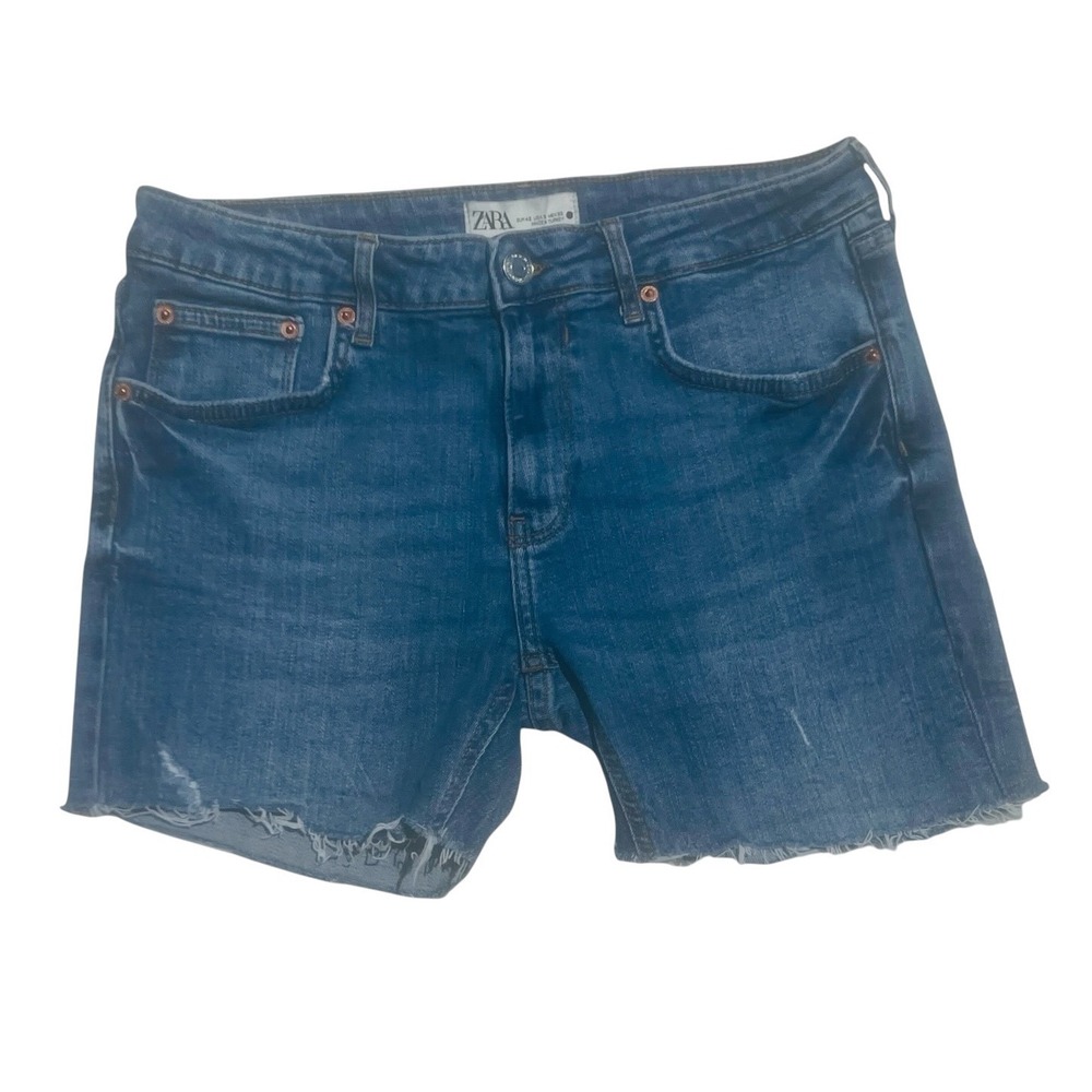 Zara The Skinny Denim Shorts Medium Wash Blue Raw Hem Womens Size 10 EUR 42